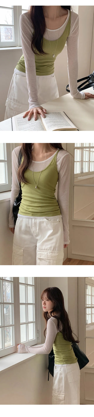 Y On Round Neck See through Slim Fit Long Sleeve T Shirt
