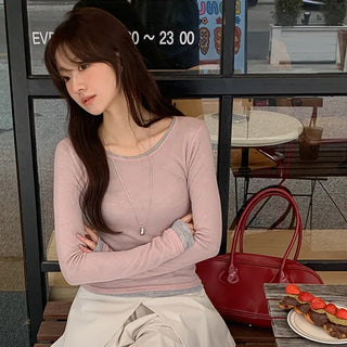 Y On Round Neck See through Slim Fit Long Sleeve T Shirt