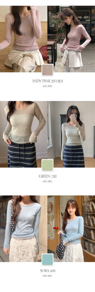Y On Round Neck See through Slim Fit Long Sleeve T Shirt