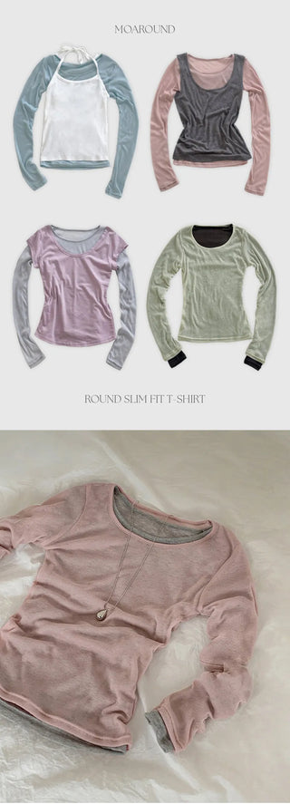 Y On Round Neck See through Slim Fit Long Sleeve T Shirt