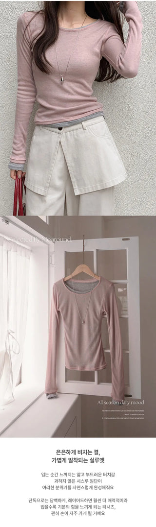 Y On Round Neck See through Slim Fit Long Sleeve T Shirt