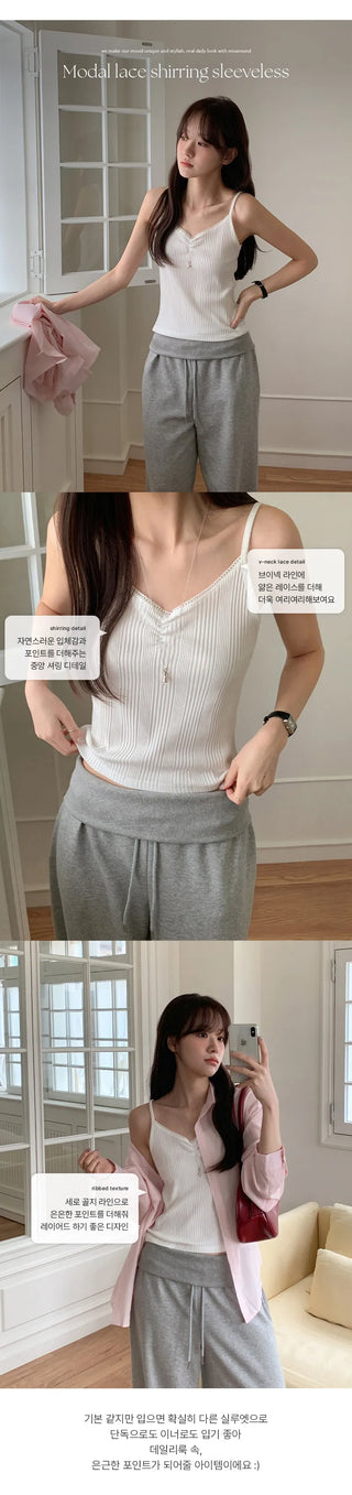 Sonets Modal Lace Shirred Ribbed Strap Sleeveless