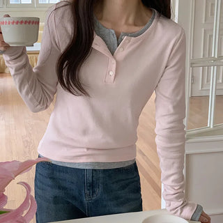 Niad Ribbed Round Henley Neck Long Sleeve T Shirt