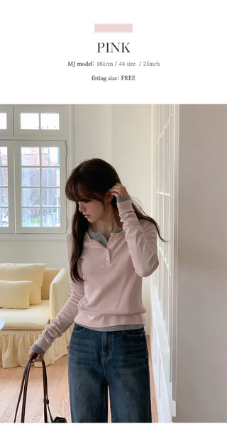 Niad Ribbed Round Henley Neck Long Sleeve T Shirt