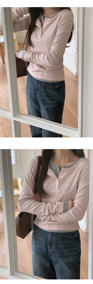 Niad Ribbed Round Henley Neck Long Sleeve T Shirt