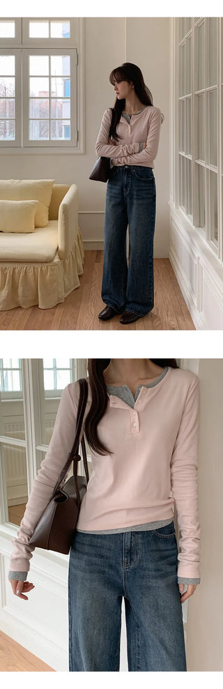 Niad Ribbed Round Henley Neck Long Sleeve T Shirt