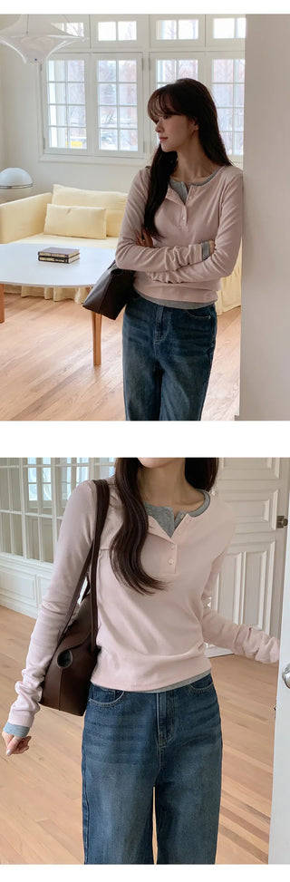 Niad Ribbed Round Henley Neck Long Sleeve T Shirt