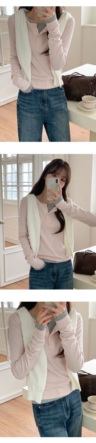Niad Ribbed Round Henley Neck Long Sleeve T Shirt