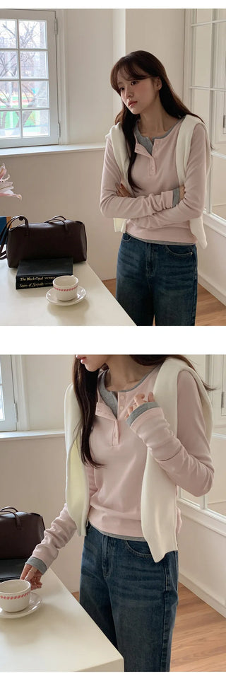 Niad Ribbed Round Henley Neck Long Sleeve T Shirt