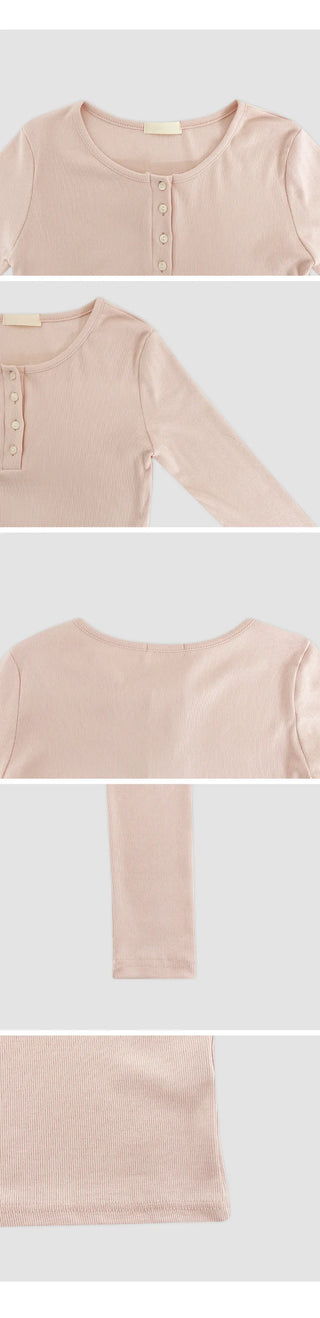 Niad Ribbed Round Henley Neck Long Sleeve T Shirt