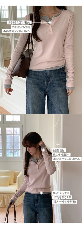 Niad Ribbed Round Henley Neck Long Sleeve T Shirt
