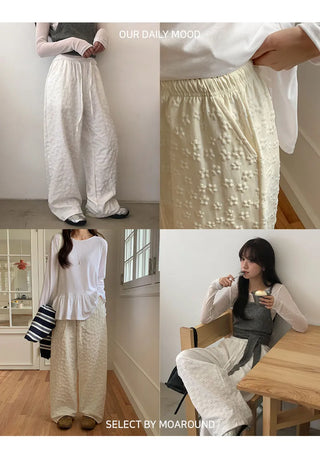 Setsua Flower Embossed Elastic Waist Wide Pants