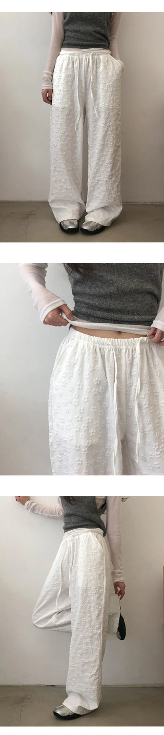 Setsua Flower Embossed Elastic Waist Wide Pants