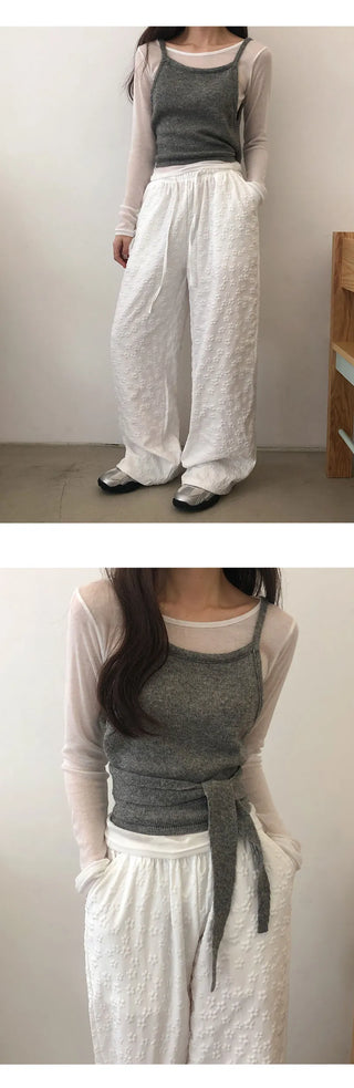Setsua Flower Embossed Elastic Waist Wide Pants