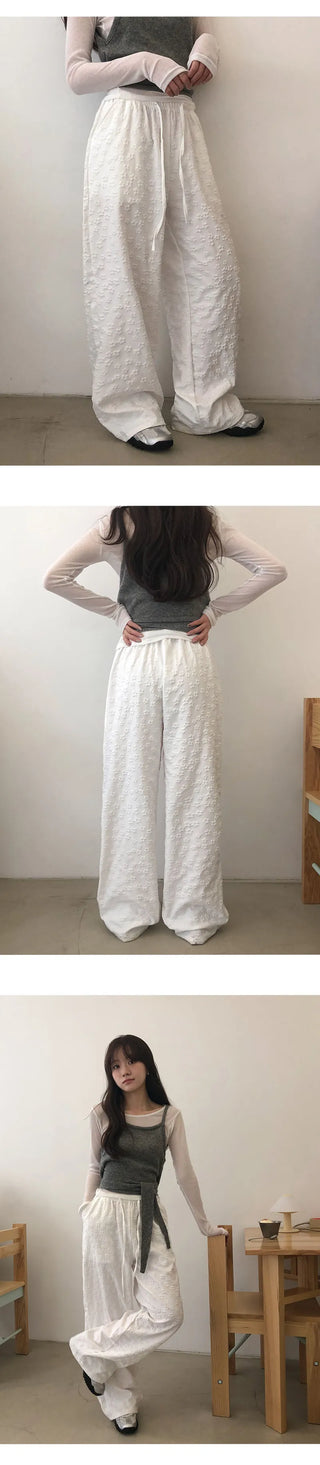 Setsua Flower Embossed Elastic Waist Wide Pants