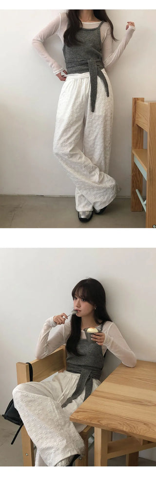 Setsua Flower Embossed Elastic Waist Wide Pants