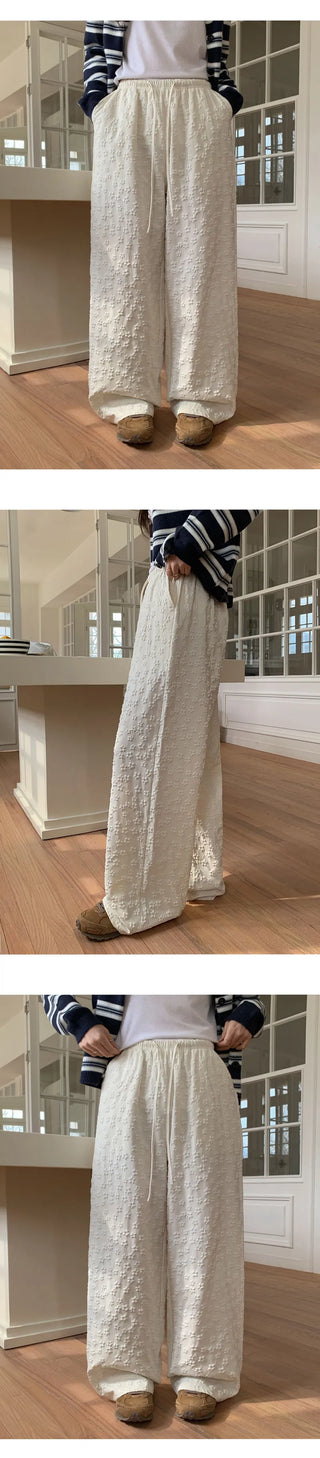 Setsua Flower Embossed Elastic Waist Wide Pants
