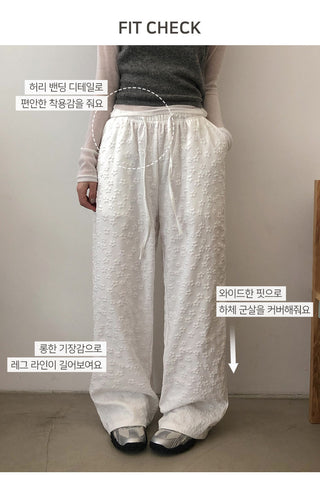 Setsua Flower Embossed Elastic Waist Wide Pants