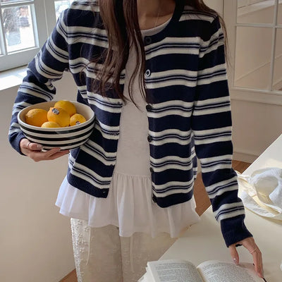 Cotir Striped Round Long Sleeve Cardigan