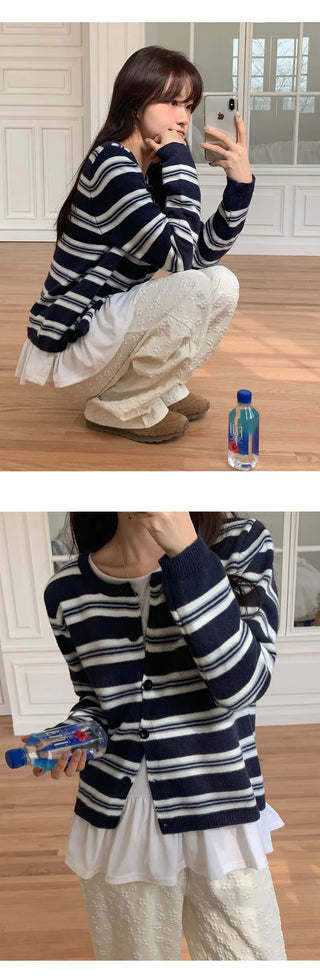 Cotir Striped Round Long Sleeve Cardigan