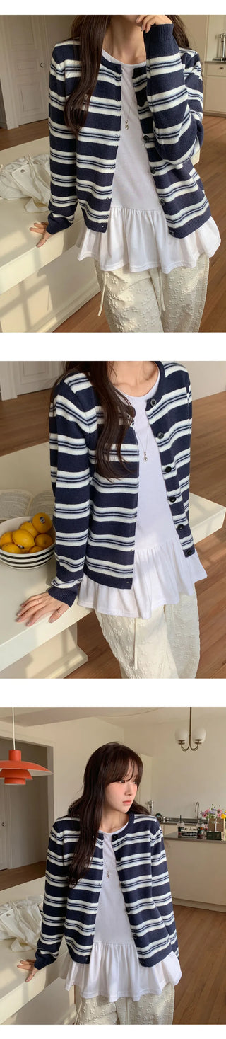 Cotir Striped Round Long Sleeve Cardigan