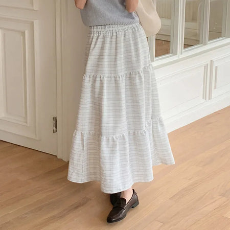 Valens Check Elastic Tiered Long Skirt