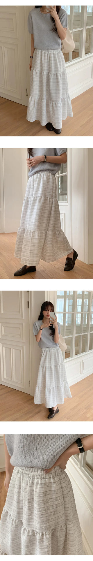 Valens Check Elastic Tiered Long Skirt