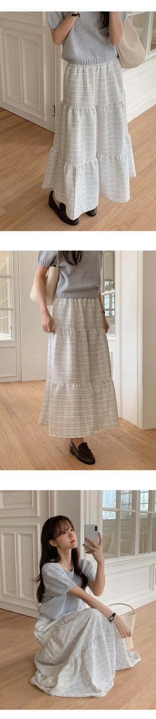Valens Check Elastic Tiered Long Skirt