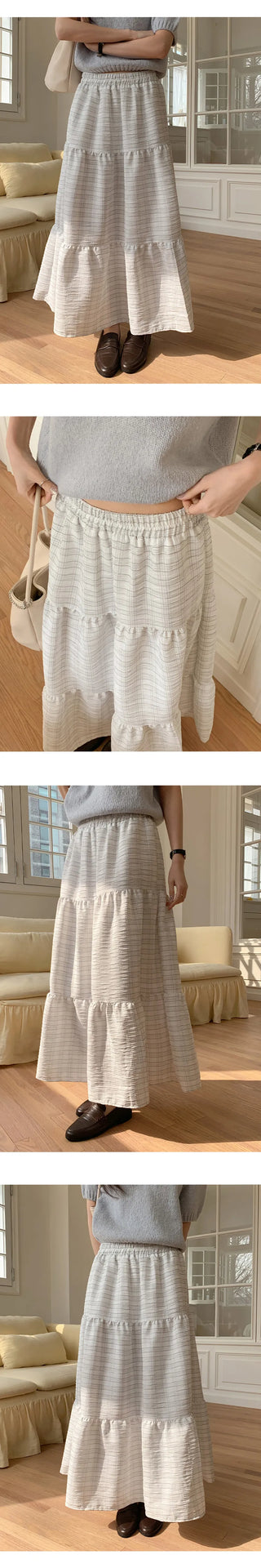 Valens Check Elastic Tiered Long Skirt