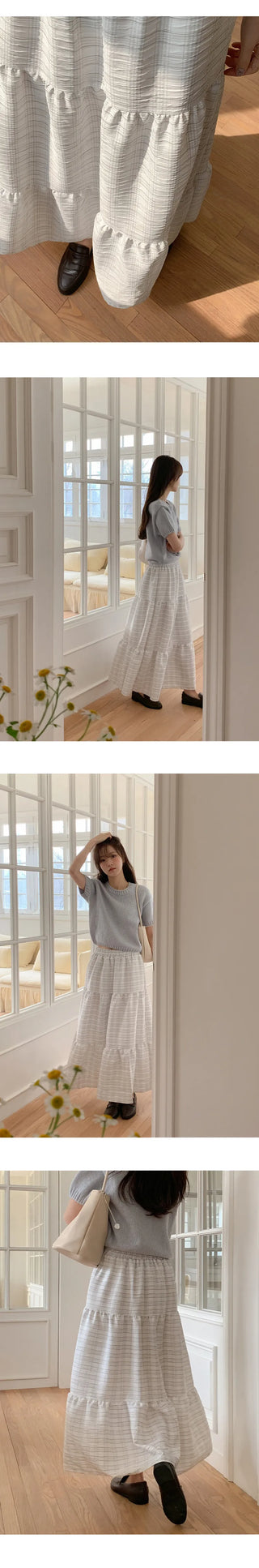 Valens Check Elastic Tiered Long Skirt