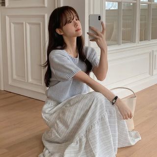 Valens Check Elastic Tiered Long Skirt