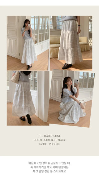 Valens Check Elastic Tiered Long Skirt