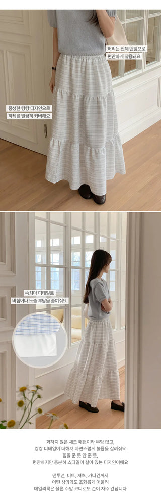 Valens Check Elastic Tiered Long Skirt