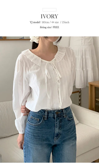 Hetren Frill Collar Neck Button Ribbon String Blouse