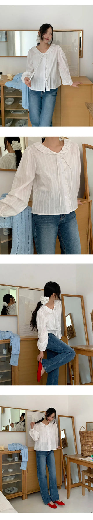 Hetren Frill Collar Neck Button Ribbon String Blouse