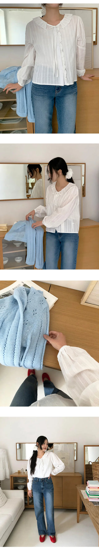 Hetren Frill Collar Neck Button Ribbon String Blouse