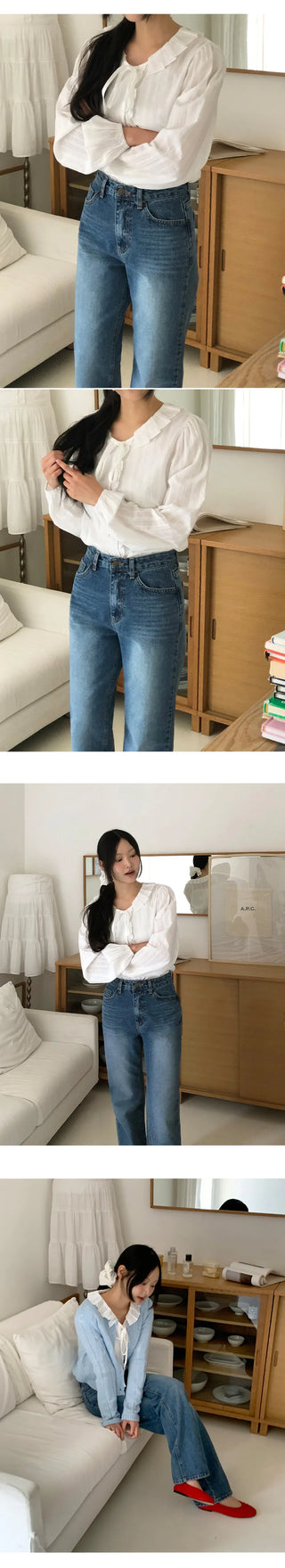 Hetren Frill Collar Neck Button Ribbon String Blouse
