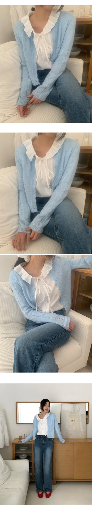Hetren Frill Collar Neck Button Ribbon String Blouse