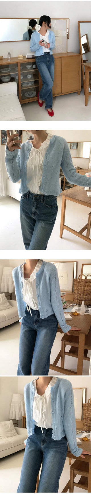 Hetren Frill Collar Neck Button Ribbon String Blouse