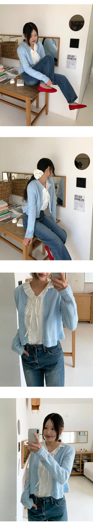 Hetren Frill Collar Neck Button Ribbon String Blouse