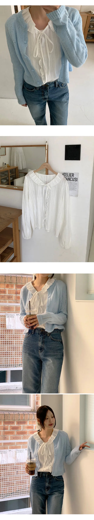 Hetren Frill Collar Neck Button Ribbon String Blouse