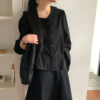 Hetren Frill Collar Neck Button Ribbon String Blouse
