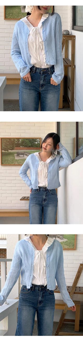 Hetren Frill Collar Neck Button Ribbon String Blouse