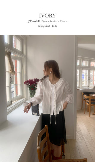 Hetren Frill Collar Neck Button Ribbon String Blouse