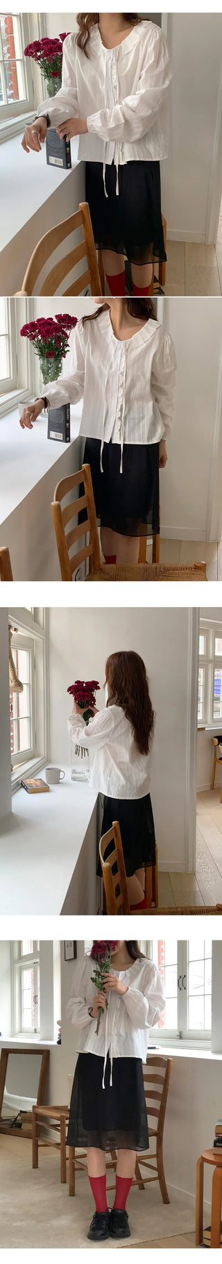 Hetren Frill Collar Neck Button Ribbon String Blouse