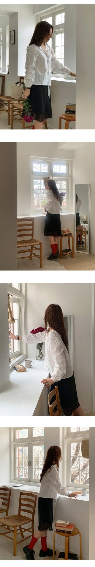 Hetren Frill Collar Neck Button Ribbon String Blouse