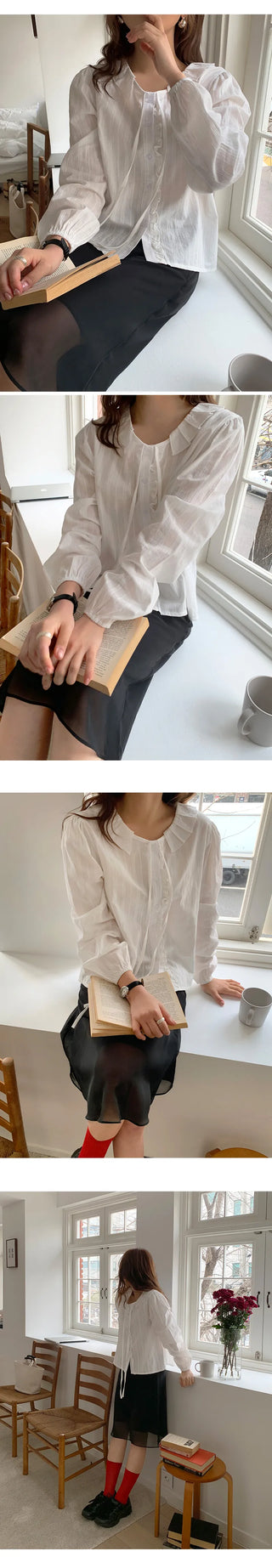 Hetren Frill Collar Neck Button Ribbon String Blouse