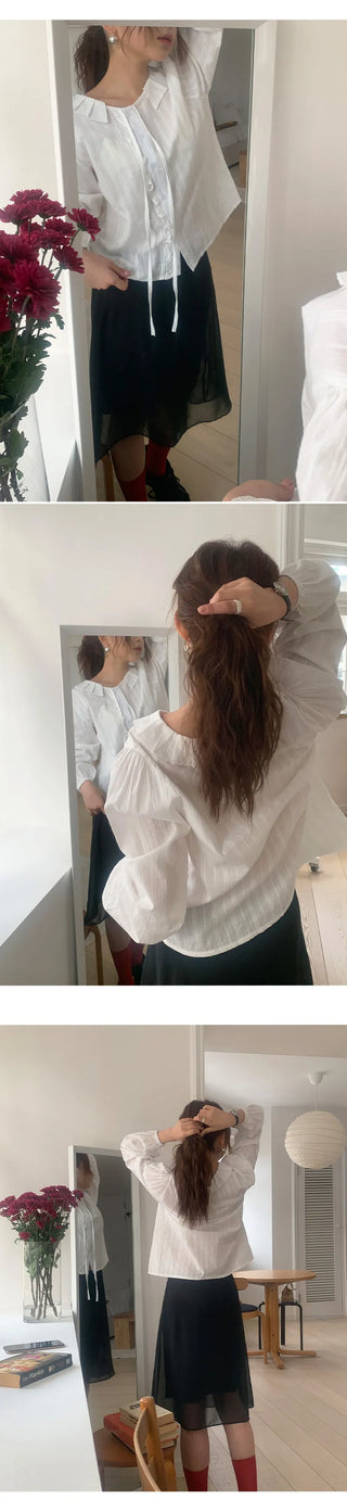 Hetren Frill Collar Neck Button Ribbon String Blouse