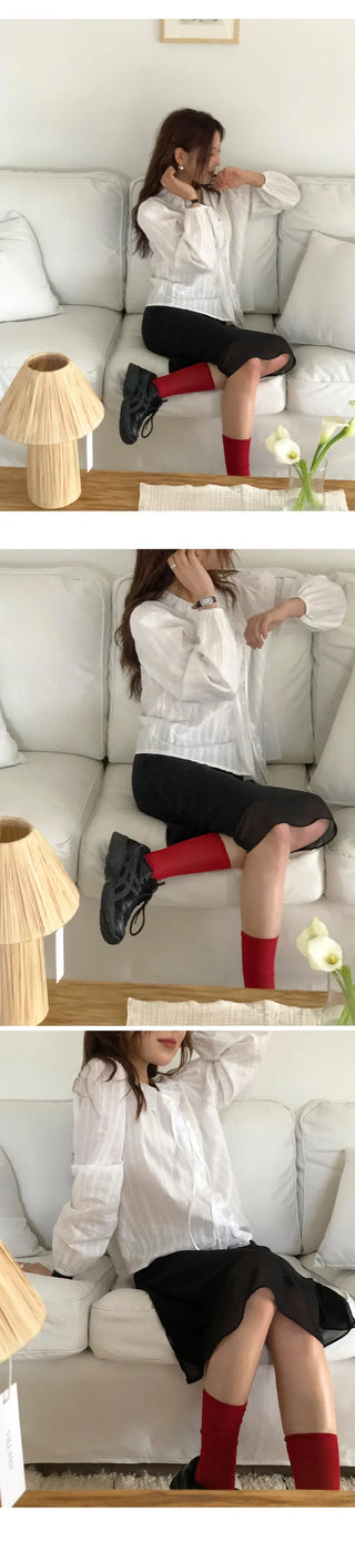 Hetren Frill Collar Neck Button Ribbon String Blouse