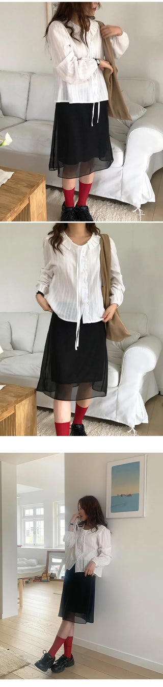 Hetren Frill Collar Neck Button Ribbon String Blouse